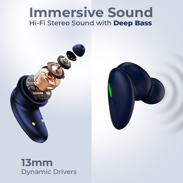 pTron Bassbuds B21 Truly Wireless TWS Earbuds with mic, Immersive Sound, Stereo Calls, 24Hrs Playtime, Lightweight BT5.2 Wireless Headphones, Touch Control, Voice Assist & IPX4 Water Resistant (Blue)
