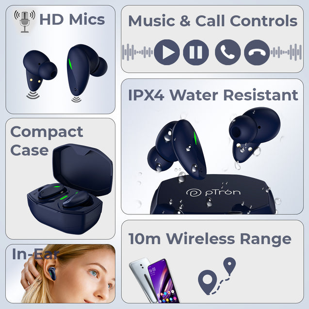 pTron Bassbuds B21 Truly Wireless TWS Earbuds with mic, Immersive Sound, Stereo Calls, 24Hrs Playtime, Lightweight BT5.2 Wireless Headphones, Touch Control, Voice Assist & IPX4 Water Resistant (Blue)
