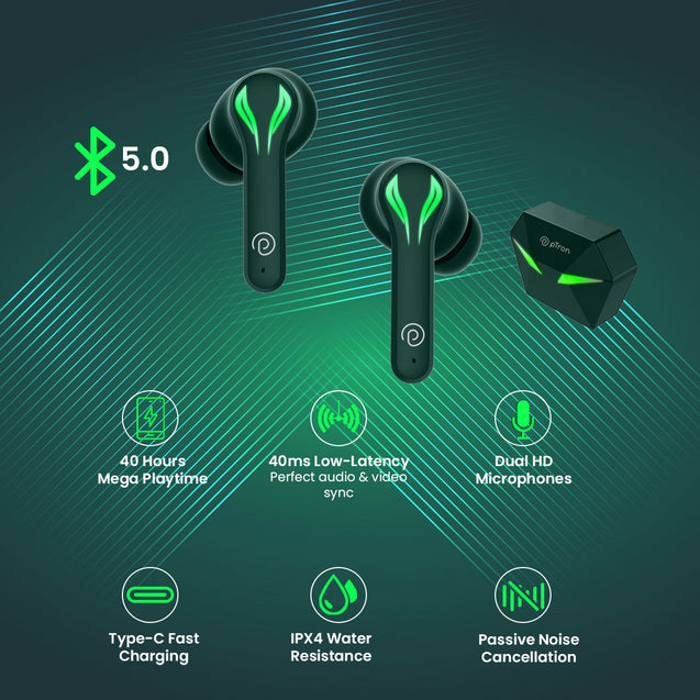 pTron Bassbuds Jade Truly Wireless Earbuds, 40ms Gaming Low Latency TWS, Stereo Calls, 40Hrs Playtime, Punchy Bass, in-Ear Bluetooth Headphones, Fast Type-C Charging & IPX4 Waterproof (Green)