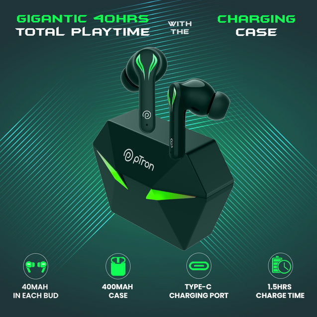 pTron Bassbuds Jade Truly Wireless Earbuds, 40ms Gaming Low Latency TWS, Stereo Calls, 40Hrs Playtime, Punchy Bass, in-Ear Bluetooth Headphones, Fast Type-C Charging & IPX4 Waterproof (Green)