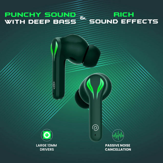 pTron Bassbuds Jade Truly Wireless Earbuds, 40ms Gaming Low Latency TWS, Stereo Calls, 40Hrs Playtime, Punchy Bass, in-Ear Bluetooth Headphones, Fast Type-C Charging & IPX4 Waterproof (Green)