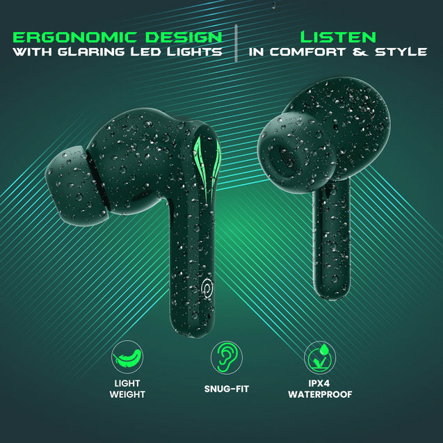 pTron Bassbuds Jade Truly Wireless Earbuds, 40ms Gaming Low Latency TWS, Stereo Calls, 40Hrs Playtime, Punchy Bass, in-Ear Bluetooth Headphones, Fast Type-C Charging & IPX4 Waterproof (Green)