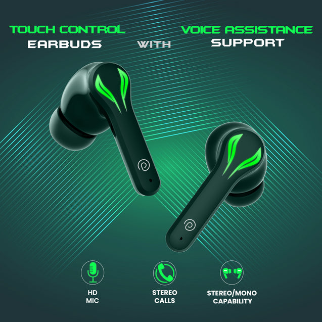 pTron Bassbuds Jade Truly Wireless Earbuds, 40ms Gaming Low Latency TWS, Stereo Calls, 40Hrs Playtime, Punchy Bass, in-Ear Bluetooth Headphones, Fast Type-C Charging & IPX4 Waterproof (Green)