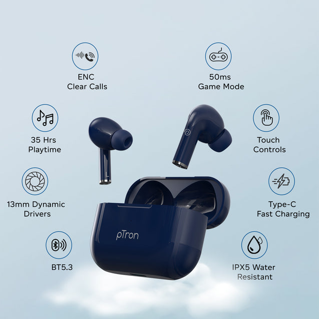 pTron Bassbuds Neo TWS Earbuds with HD Mic (Blue)