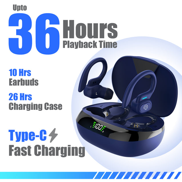 pTron Bassbuds Sports V3 Wireless in-Ear TWS Earbuds with Mic, TruTalk AI-ENC Stereo Calls, Game/Music Modes, 36Hrs Playtime, BT5., Type-C Fast Charging & IPX5 Water Resistant (Blue)