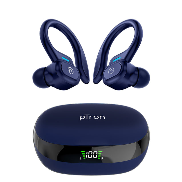 pTron Bassbuds Sports V3 Wireless in-Ear TWS Earbuds with Mic, TruTalk AI-ENC Stereo Calls, Game/Music Modes, 36Hrs Playtime, BT5., Type-C Fast Charging & IPX5 Water Resistant (Blue)