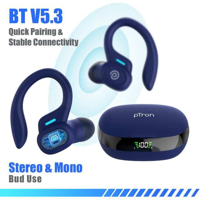 pTron Bassbuds Sports V3 Wireless in-Ear TWS Earbuds with Mic, TruTalk AI-ENC Stereo Calls, Game/Music Modes, 36Hrs Playtime, BT5., Type-C Fast Charging & IPX5 Water Resistant (Blue)