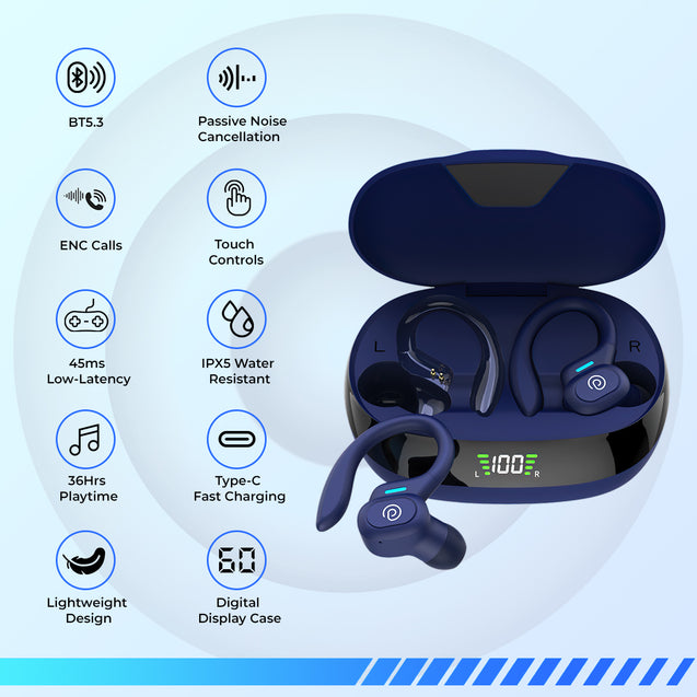 pTron Bassbuds Sports V3 Wireless in-Ear TWS Earbuds with Mic, TruTalk AI-ENC Stereo Calls, Game/Music Modes, 36Hrs Playtime, BT5., Type-C Fast Charging & IPX5 Water Resistant (Blue)