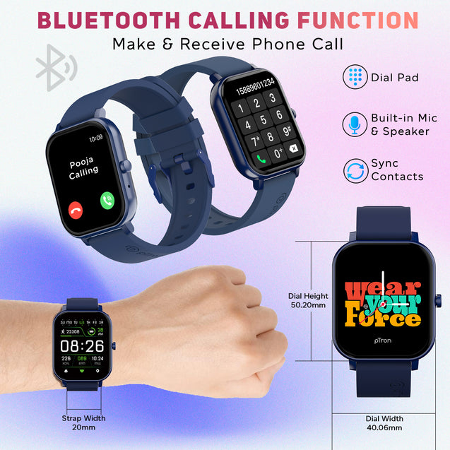pTron Force X10S Smartwatch with Bluetooth Calling, 1.85" Full Touch Display, 600 NITS Brightness, HR, SpO2, Watch Faces, Voice Assistant, 5 days Battery Life & IP68 Waterproof (Blue)