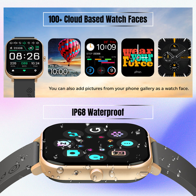 pTron Force X10S Smartwatch with Bluetooth Calling, 1.85" Full Touch Display, 600 NITS Brightness, HR, SpO2, Watch Faces, Voice Assistant, 5 days Battery Life & IP68 Waterproof (Gold)