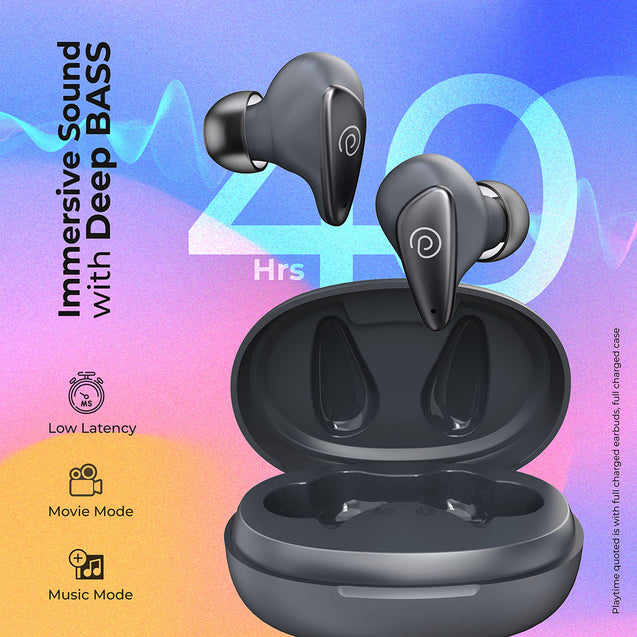 pTron Bassbuds Wave with TruTalk AI-ENC Calls, Movie/Music Modes, Deep Bass, BT5.3 Wireless Headphones, 40Hrs Combined Playtime, in-Ear TWS Earbuds, Touch Control, Type-C Fast Charging & IPX4 (Grey)