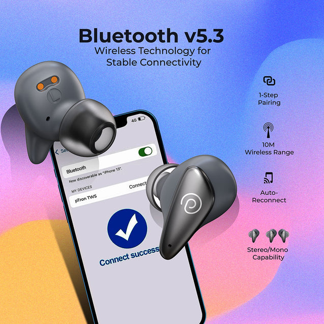pTron Bassbuds Wave with TruTalk AI-ENC Calls, Movie/Music Modes, Deep Bass, BT5.3 Wireless Headphones, 40Hrs Combined Playtime, in-Ear TWS Earbuds, Touch Control, Type-C Fast Charging & IPX4 (Grey)