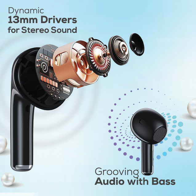 pTron Bassbuds Perl in-Ear TWS Earbuds, TruTalk AI-ENC Calls, Immersive Sound, 28H Playtime, Music/Game Modes, Bluetooth 5.3 Wireless Headphones, Pinch Touch Control, Type-C Fast Charge (Black)