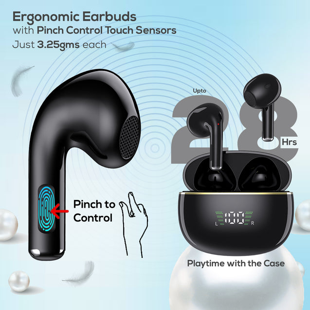 pTron Bassbuds Perl in-Ear TWS Earbuds, TruTalk AI-ENC Calls, Immersive Sound, 28H Playtime, Music/Game Modes, Bluetooth 5.3 Wireless Headphones, Pinch Touch Control, Type-C Fast Charge (Black)