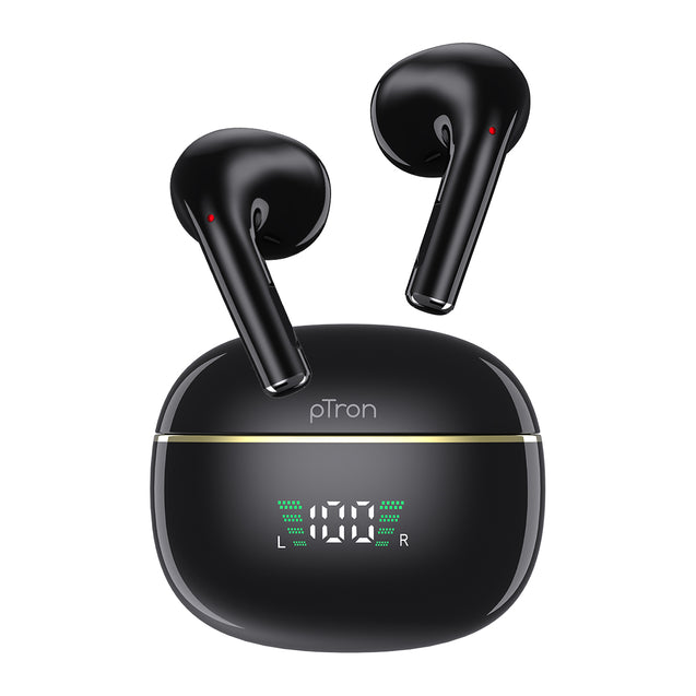 pTron Bassbuds Perl in-Ear TWS Earbuds, TruTalk AI-ENC Calls, Immersive Sound, 28H Playtime, Music/Game Modes, Bluetooth 5.3 Wireless Headphones, Pinch Touch Control, Type-C Fast Charge (Black)
