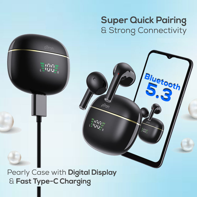 pTron Bassbuds Perl in-Ear TWS Earbuds, TruTalk AI-ENC Calls, Immersive Sound, 28H Playtime, Music/Game Modes, Bluetooth 5.3 Wireless Headphones, Pinch Touch Control, Type-C Fast Charge (Black)