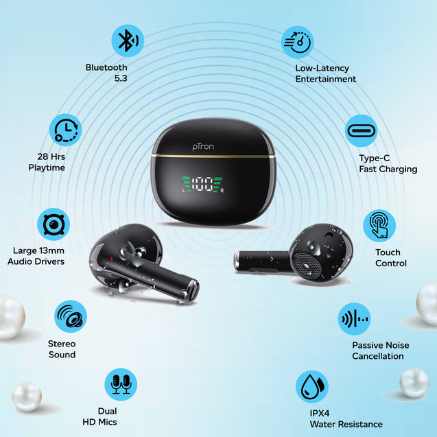 pTron Bassbuds Perl in-Ear TWS Earbuds, TruTalk AI-ENC Calls, Immersive Sound, 28H Playtime, Music/Game Modes, Bluetooth 5.3 Wireless Headphones, Pinch Touch Control, Type-C Fast Charge (Black)