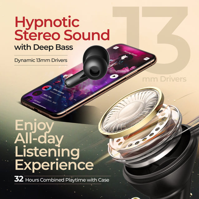 pTron Zenbuds Evo TWS Earbuds, AI-TruTalk Enc Calls, 45Ms Movie/Music Modes, Deep Bass, 32Hrs Playtime, Bluetooth 5.3 Headphones, IPX5 Water Resistant & Type-C Fast Charging (Black)