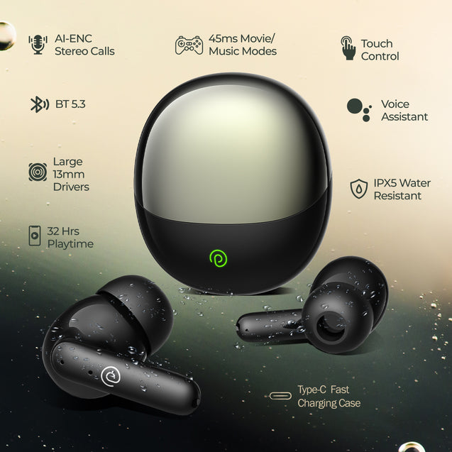 pTron Zenbuds Evo TWS Earbuds, AI-TruTalk Enc Calls, 45Ms Movie/Music Modes, Deep Bass, 32Hrs Playtime, Bluetooth 5.3 Headphones, IPX5 Water Resistant & Type-C Fast Charging (Black)