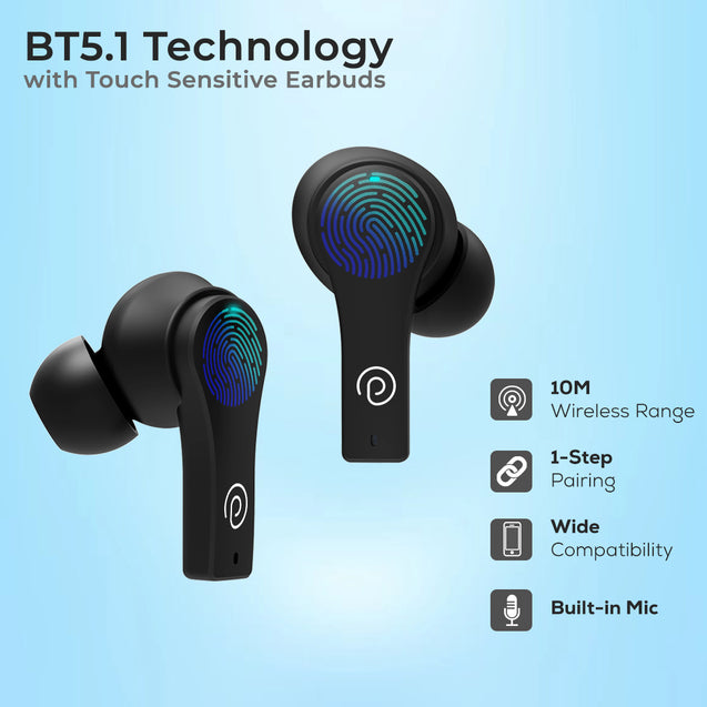 pTron Bassbuds Tango In-Ear TWS Earbuds, TruTalk AI-ENC Calls, Movie Mode, 40Hrs Playtime, Bluetooth 5.1 Headphone with HD Mics, Touch Control, IPX4 Water-Resistant & Type-C Fast Charging (Bold Black)