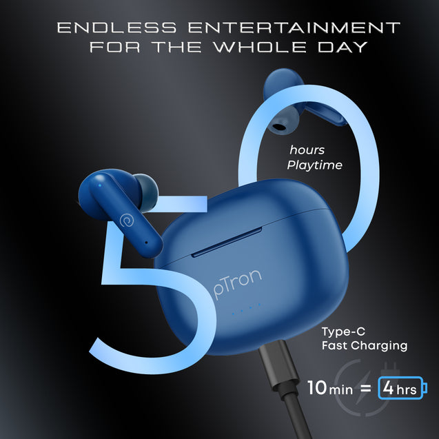pTron Bassbuds Zen In-Ear TWS Earbuds with Quad Mic TruTalk ENC Calls, 50Hrs Playtime, Bluetooth 5.3 Headphone with Mic, Deep Bass, Game/Music Modes, Touch Control, Type-C Fast Charging & IPX4 (Blue)