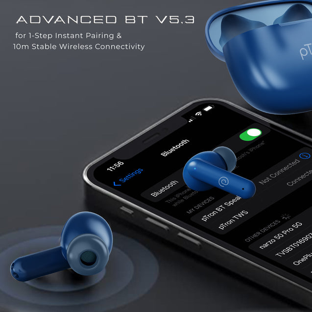 pTron Bassbuds Zen In-Ear TWS Earbuds with Quad Mic TruTalk ENC Calls, 50Hrs Playtime, Bluetooth 5.3 Headphone with Mic, Deep Bass, Game/Music Modes, Touch Control, Type-C Fast Charging & IPX4 (Blue)