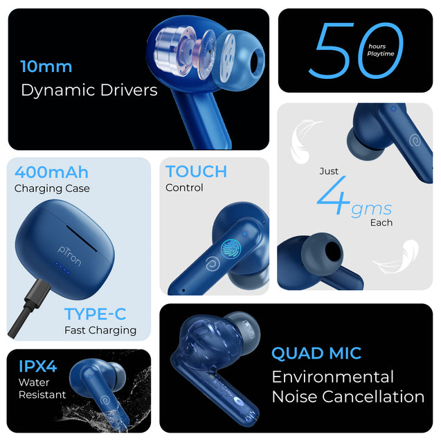 pTron Bassbuds Zen In-Ear TWS Earbuds with Quad Mic TruTalk ENC Calls, 50Hrs Playtime, Bluetooth 5.3 Headphone with Mic, Deep Bass, Game/Music Modes, Touch Control, Type-C Fast Charging & IPX4 (Blue)