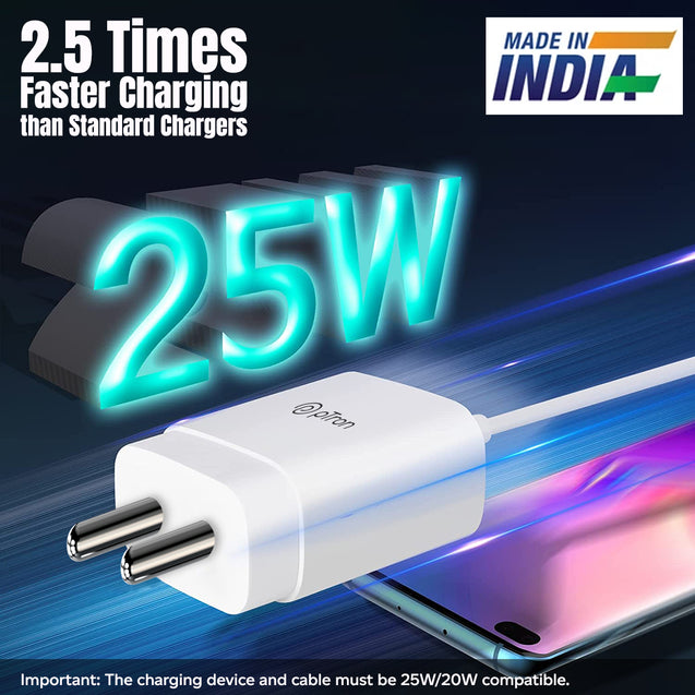 pTron Volta FC17 25W Type-C to Type-C PD Superfast USB TypeC Charger for Samsung S21/S21+/S21 Ultra/S20/S20+/S20 Ultra/Note 20/Note 20 Ultra/Note 10/Note10+ M51/M42/F23 5G/M53 5G (Charger only) White