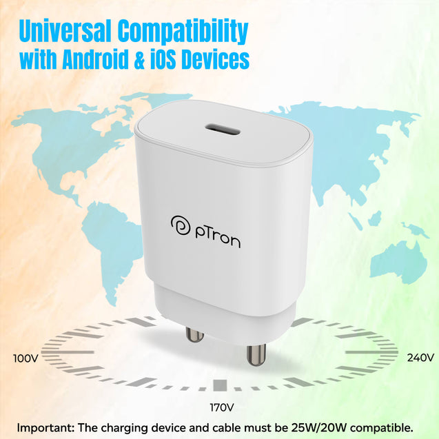 pTron Volta FC17 25W Type-C to Type-C PD Superfast USB TypeC Charger for Samsung S21/S21+/S21 Ultra/S20/S20+/S20 Ultra/Note 20/Note 20 Ultra/Note 10/Note10+ M51/M42/F23 5G/M53 5G (Charger only) White