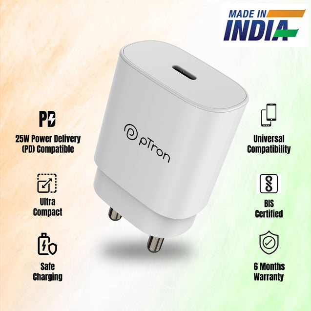 pTron Volta FC17 25W Type-C to Type-C PD Superfast USB TypeC Charger for Samsung S21/S21+/S21 Ultra/S20/S20+/S20 Ultra/Note 20/Note 20 Ultra/Note 10/Note10+ M51/M42/F23 5G/M53 5G (Charger only) White
