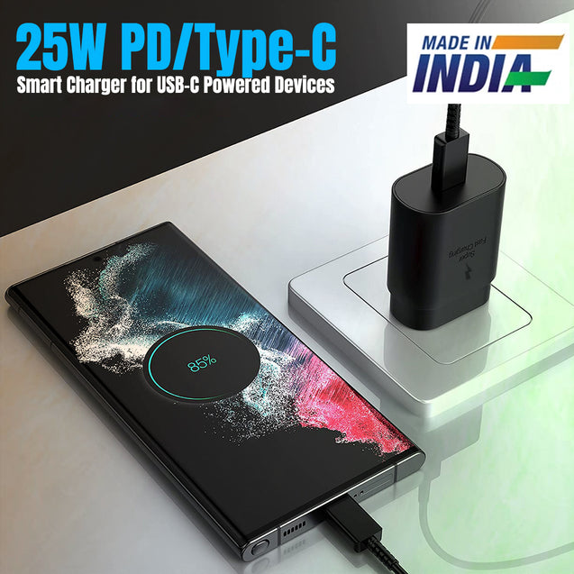 pTron Volta FC17 25W Type-C to Type-C PD Superfast USB TypeC Charger for Samsung S21/S21+/S21 Ultra/S20/S20+/S20 Ultra/Note 20/Note 20 Ultra/Note 10/Note10+ M51/M42/F23 5G/M53 5G (Charger only) Black