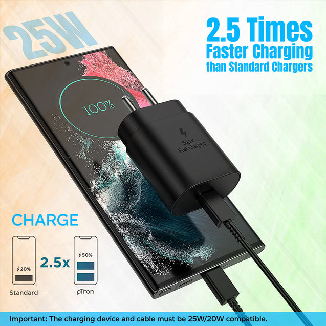 pTron Volta FC17 25W Type-C to Type-C PD Superfast USB TypeC Charger for Samsung S21/S21+/S21 Ultra/S20/S20+/S20 Ultra/Note 20/Note 20 Ultra/Note 10/Note10+ M51/M42/F23 5G/M53 5G (Charger only) Black