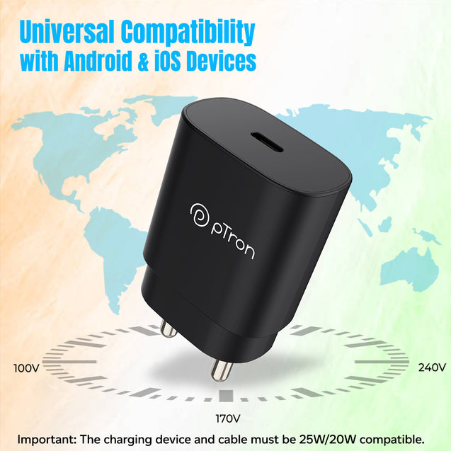 pTron Volta FC17 25W Type-C to Type-C PD Superfast USB TypeC Charger for Samsung S21/S21+/S21 Ultra/S20/S20+/S20 Ultra/Note 20/Note 20 Ultra/Note 10/Note10+ M51/M42/F23 5G/M53 5G (Charger only) Black