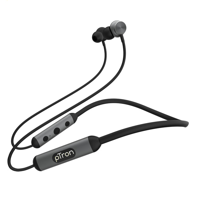 pTron InTunes Ultima in-Ear Wireless Earphones with Mic, 18 Hrs Music with Mega Bass, Bluetooth 5.0 Neckband, Lightweight, Voice Assistant, Type-C Fast Charging, IPX4 Water Resistant (Black & Grey)