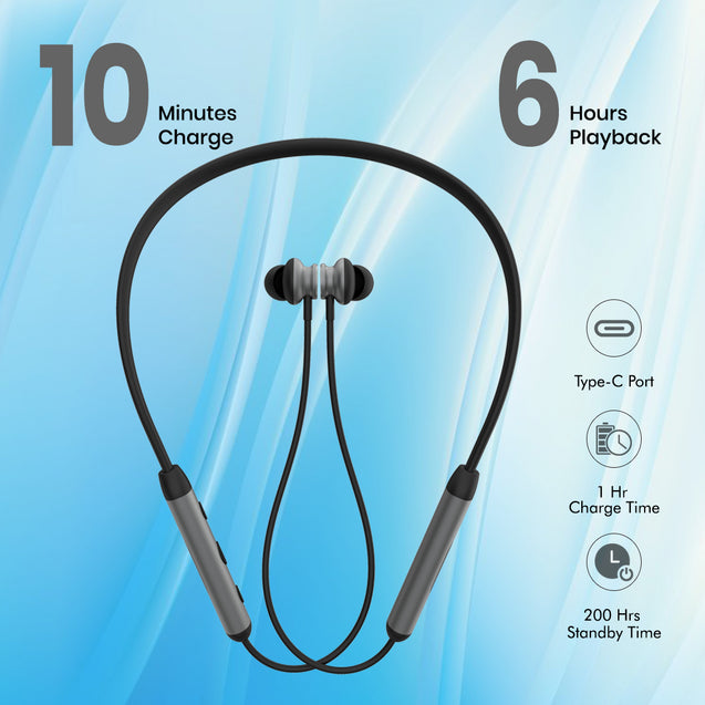 pTron InTunes Ultima in-Ear Wireless Earphones with Mic, 18 Hrs Music with Mega Bass, Bluetooth 5.0 Neckband, Lightweight, Voice Assistant, Type-C Fast Charging, IPX4 Water Resistant (Black & Grey)