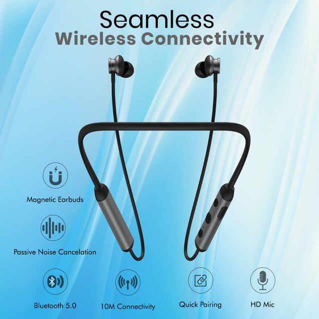 pTron InTunes Ultima in-Ear Wireless Earphones with Mic, 18 Hrs Music with Mega Bass, Bluetooth 5.0 Neckband, Lightweight, Voice Assistant, Type-C Fast Charging, IPX4 Water Resistant (Black & Grey)