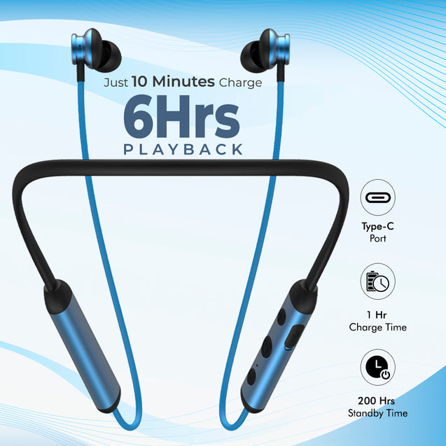 pTron InTunes Ultima in-Ear Wireless Earphones with Mic, 18 Hrs Music with Mega Bass, Bluetooth 5.0 Neckband, Lightweight, Voice Assistant, Type-C Fast Charging, IPX4 Water Resistant (Black & Blue)