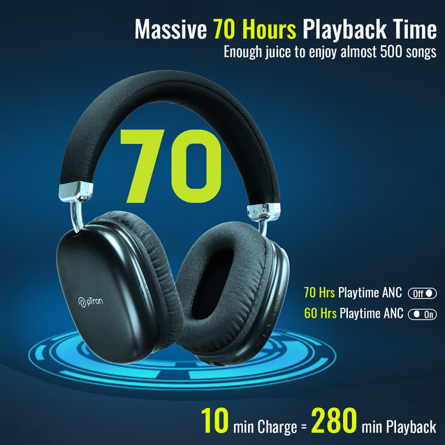 pTron Studio Ultima 35dB ANC Hybrid Active Noise Cancelling Over-Ear Headphones, 70Hrs Playtime, Punchy Bass, HD Mic, Bluetooth 5.3, Voice Assistant & Type-C Fast Charging (Black)