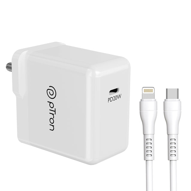 pTron Volta Zip 20W PD Fast Charger for iPhone 14/14 Plus/14 Pro/14 Pro Max,iPhone 13/13 Pro/13 Pro Max/13 Mini,12/12 Mini/12 Pro Max,iPhone 11 Series with PD3.0, Type-C 20W Adapter with Cable (White)
