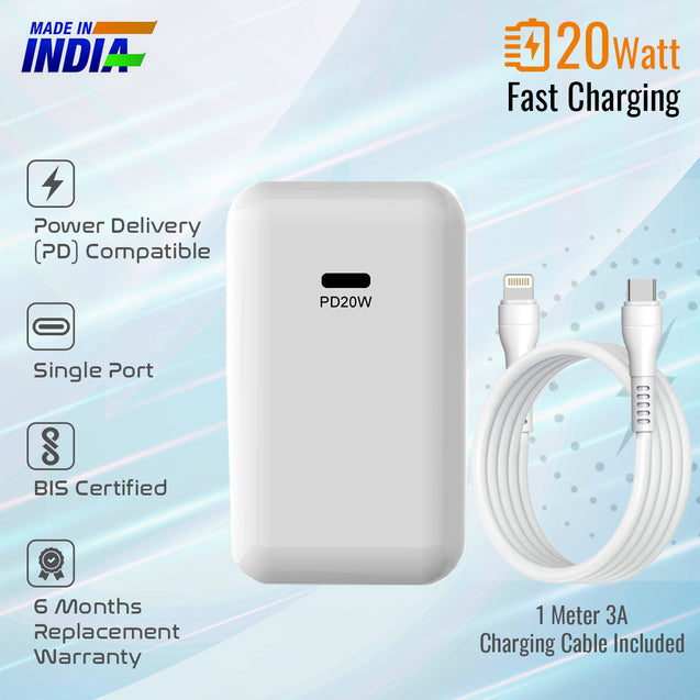 pTron Volta Zip 20W PD Fast Charger for iPhone 14/14 Plus/14 Pro/14 Pro Max,iPhone 13/13 Pro/13 Pro Max/13 Mini,12/12 Mini/12 Pro Max,iPhone 11 Series with PD3.0, Type-C 20W Adapter with Cable (White)