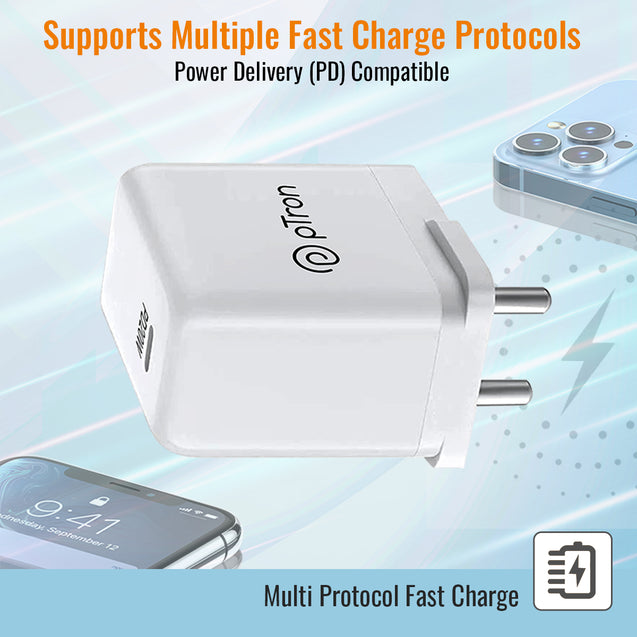 pTron Volta Zip 20W PD Fast Charger for iPhone 14/14 Plus/14 Pro/14 Pro Max,iPhone 13/13 Pro/13 Pro Max/13 Mini,12/12 Mini/12 Pro Max,iPhone 11 Series with PD3.0, Type-C 20W Adapter with Cable (White)