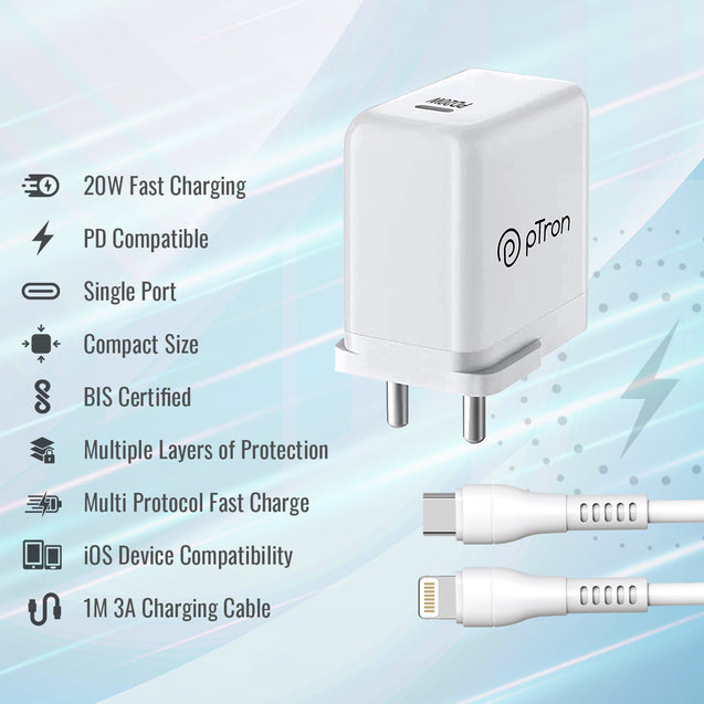 pTron Volta Zip 20W PD Fast Charger for iPhone 14/14 Plus/14 Pro/14 Pro Max,iPhone 13/13 Pro/13 Pro Max/13 Mini,12/12 Mini/12 Pro Max,iPhone 11 Series with PD3.0, Type-C 20W Adapter with Cable (White)