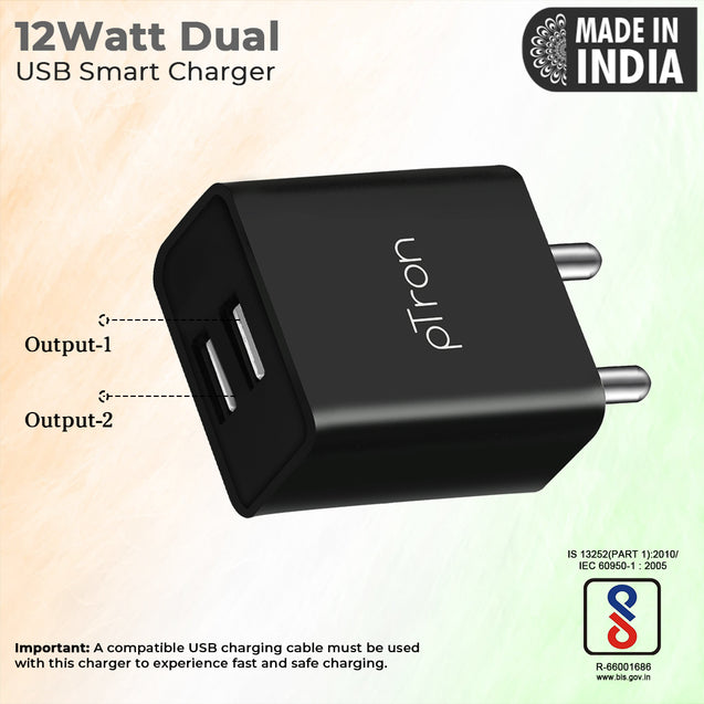 pTron Volta 12W Dual Port USB Wall Charger with 1M Micro USB Cable, Multi-Layer Protection, Made in India, BIS Certified, Fast Charging Adaptor for All iOS & Android Devices (Black)