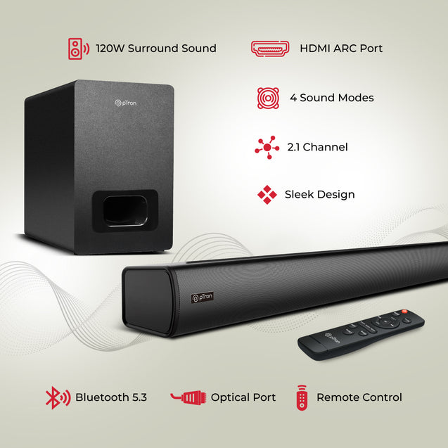 pTron Jazz Pro 120W Soundbar with Wired Subwoofer for TV, 2.1 CH, Multi-Connectivity BT5.3/HDMI ARC/Opt in/Aux/USB, Equaliser Modes Movie/Music/News, Remote Control & LED Display (Black)