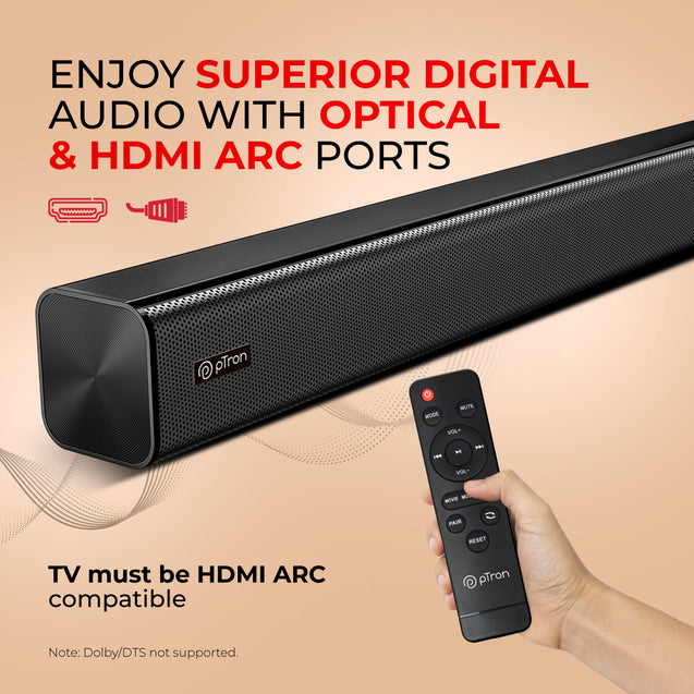 pTron Jazz 2.0 Channel Soundbar for TV, Multi-Connectivity BT5.3/HDMI ARC/Opt-in/Aux/USB, 40W Immersive Stereo Sound, 3 Equalizer Modes Movie/Music/News & Remote Control (Black)