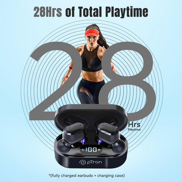 pTron Bassbuds Plus in-Ear TWS Earbuds with HD Mic, Bluetooth 5.0 Headphones, Stereo Sound, Clear Calls, 28Hrs Playback Time, Voice Assistant, IPX4 Water Resistant & Fast Charging (Pearl Black)