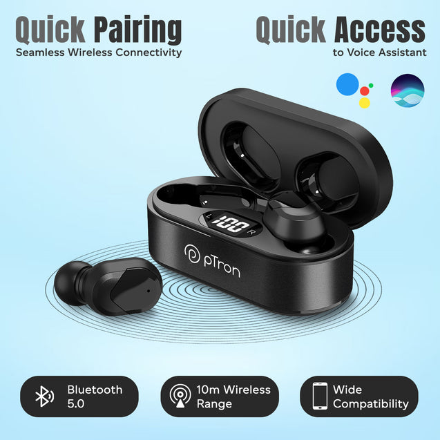 pTron Bassbuds Plus in-Ear TWS Earbuds with HD Mic, Bluetooth 5.0 Headphones, Stereo Sound, Clear Calls, 28Hrs Playback Time, Voice Assistant, IPX4 Water Resistant & Fast Charging (Pearl Black)