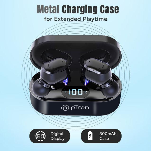 pTron Bassbuds Plus in-Ear TWS Earbuds with HD Mic, Bluetooth 5.0 Headphones, Stereo Sound, Clear Calls, 28Hrs Playback Time, Voice Assistant, IPX4 Water Resistant & Fast Charging (Pearl Black)