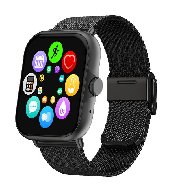 pTron Pulsefit P61+ 1.85" Full Touch Display Bluetooth Calling Smartwatch, Functional Crown, 580 NITS Brightness, Mesh Metal Strap, HR, SpO2, Watch Faces, Inbuilt Games & 5 Days Battery Life (Black)