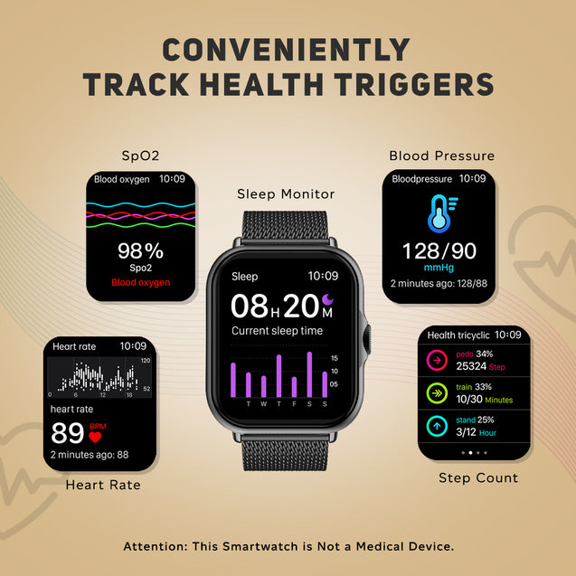 pTron Pulsefit P61+ 1.85" Full Touch Display Bluetooth Calling Smartwatch, Functional Crown, 580 NITS Brightness, Mesh Metal Strap, HR, SpO2, Watch Faces, Inbuilt Games & 5 Days Battery Life (Black)